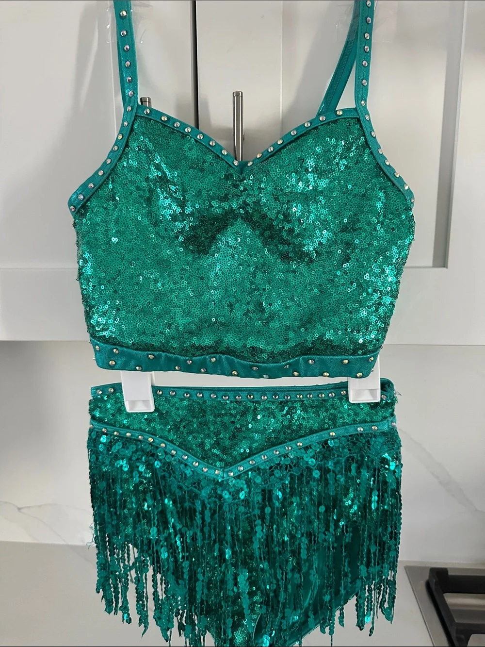 Weissman Emerald Sequin Crop Top & Fringe dance Halloween costume. Sozr youth L